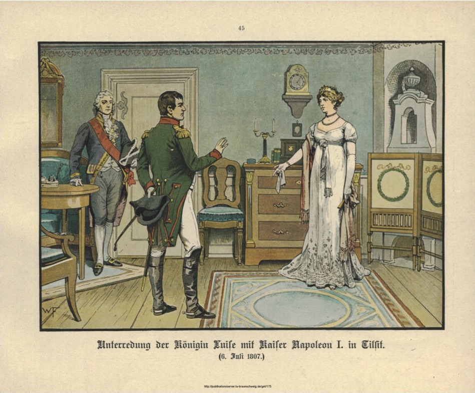 Abb. 13: Unterredung der Königin Luise mit Kaiser Napoleon I. in Tilsit (6. Juli 1807), Illustration von Woldemar Friedrich
