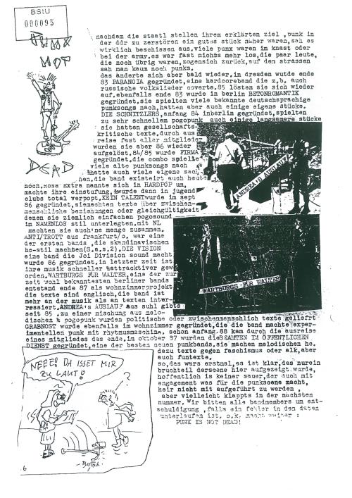 Textausschnitt aus der Inside zu der Geschichte der Punks in der DDR 1977-87, Nennung verschiedener Bands
